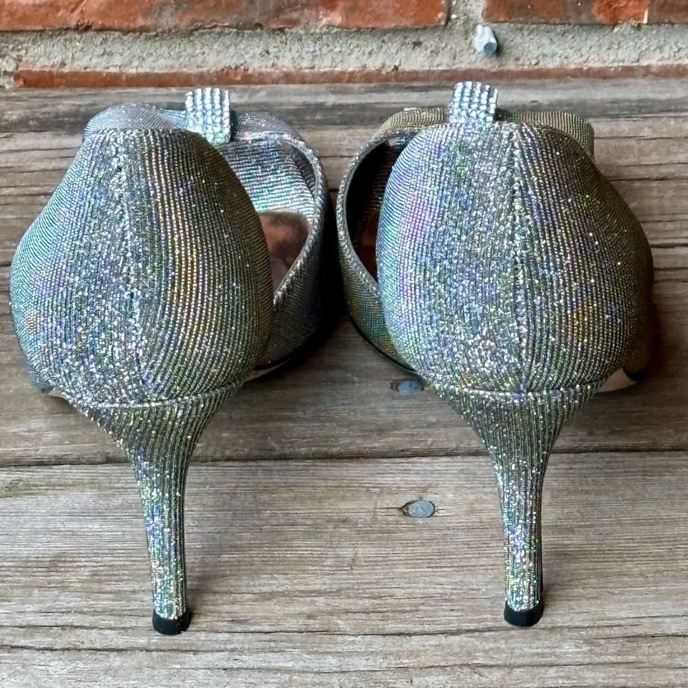 J RENEE Skylar Sparkle Shimmer Pewter Silver Heels Open Toe Pumps Sz 10M NEW - Picture 6 of 8